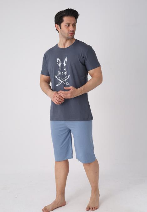 Pijama barbat cu maneca scurta si pantaloni 3/4, culoare gri inchis, Engros